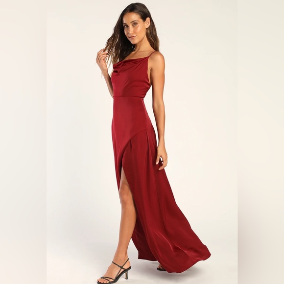 LULU’S Red Satin Cowl Neck Faux-Wrap Maxi Dress - Picture 2 of 7
